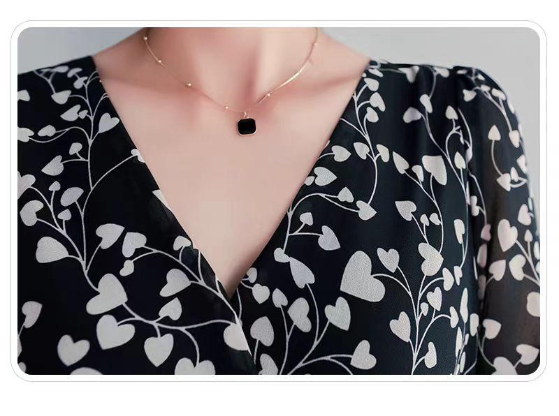 New summer dress for women, black knee-length floral chiffon, V-neck dress, fairy-like, super fairy-like and forest-like style pic 17