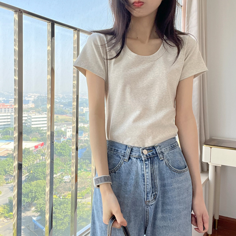 【高品质纯棉】u领收腰正肩显瘦大领口修身短袖T恤女打底衫上衣夏详情13
