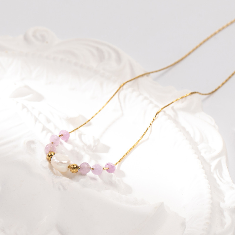 Natural stone freshwater pearl necklace titanium steel plated 14K gold does not fade all light luxury sweet fine clavicle chain pic 4