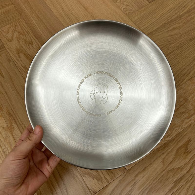 Korean-style InS-style bear stainless steel plate, round plate, multi-functional plate, barbecue plate, tray, cute picnic plate pic 1