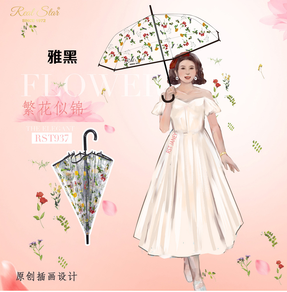 RST新品透明伞带图案富贵花朵成人塑料雨伞批发自动开彩色印刷伞详情11