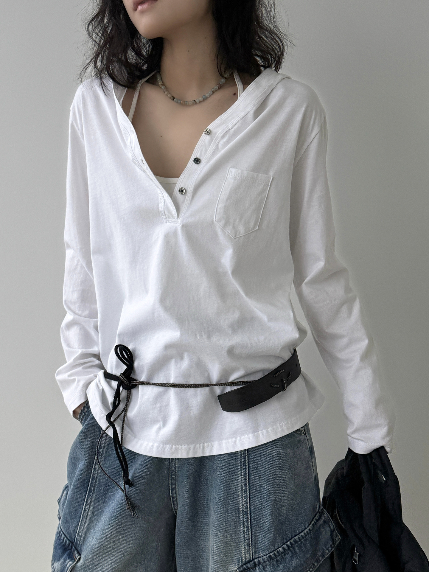 Spring and Summer new hooded Henry collar small pocket T-shirt, loose long-sleeved, laid-back top for women pic 7