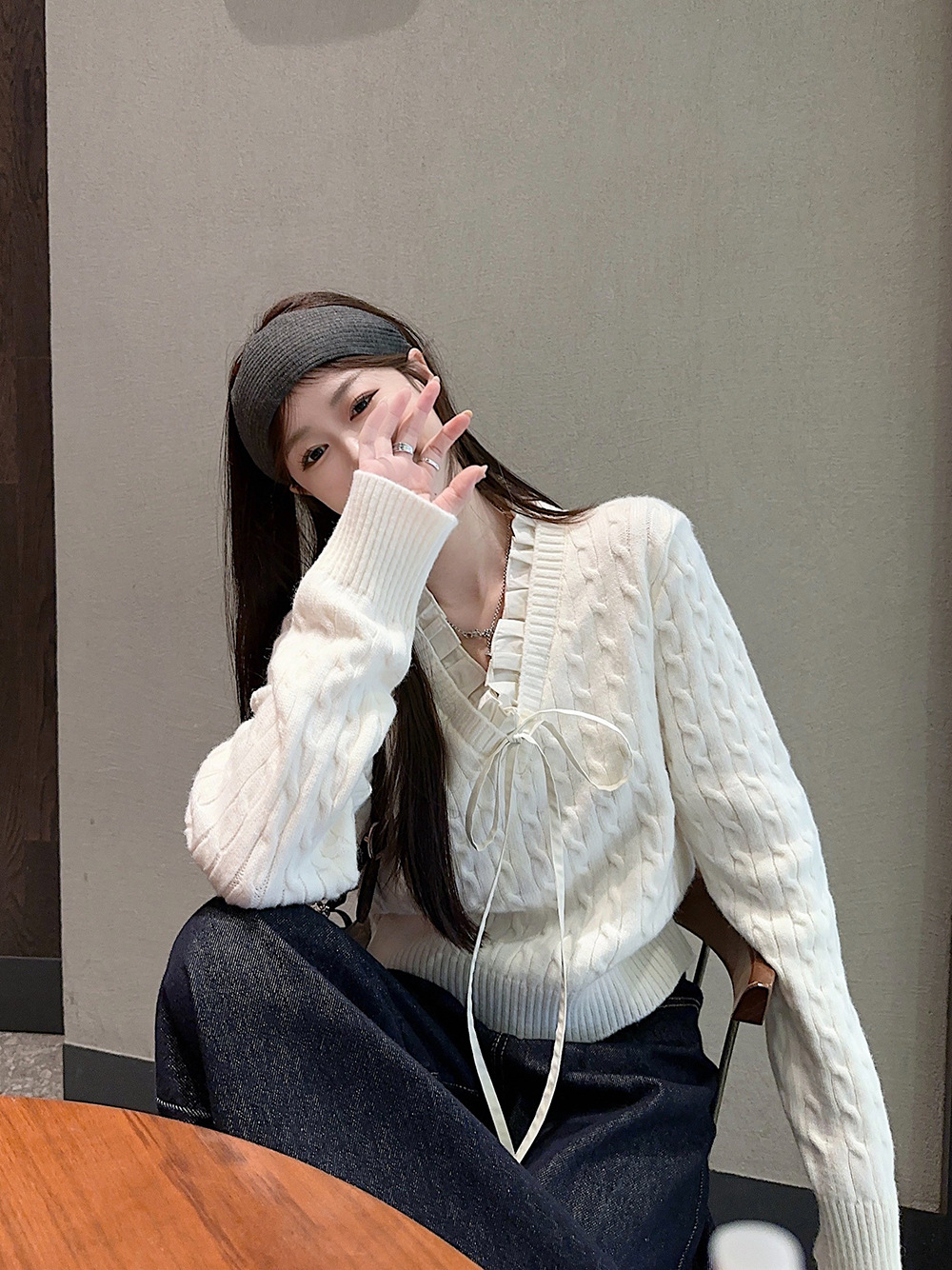 韩系学院风设计感假两件长袖毛衣针织衫女冬季蓝色温柔风修身上衣详情25