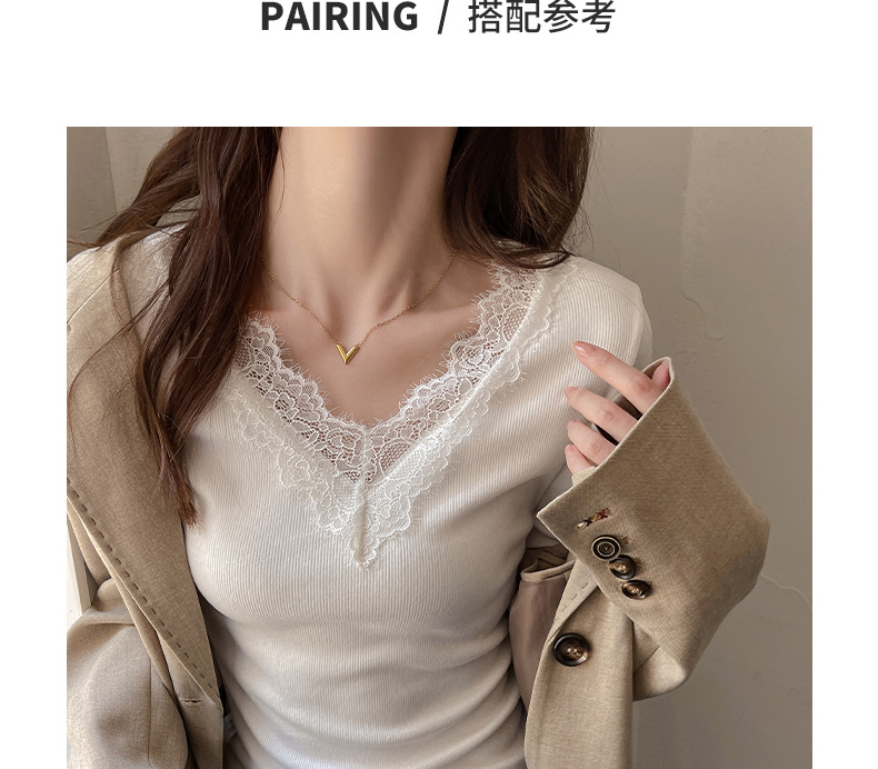 A lace-trimmed V-neck long-sleeved base layer for women, paired with a German fleece, brushed, and slimming design off-the-shoulder T-shirt for autumn and winter pic 4