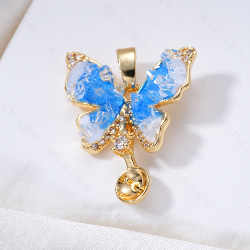 Pearl ring, earneedle pendant, micro-inlaid three-piece set, empty stand butterfly style, oil drip design, DIY light luxury style pic 8