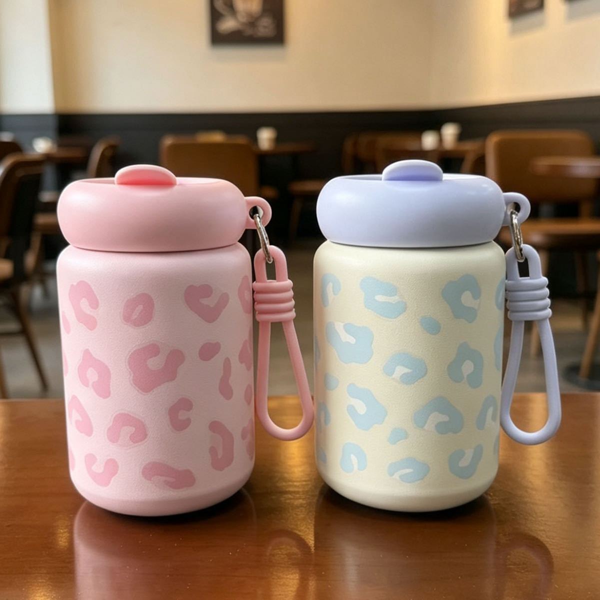 Thermos cups for girls, niche, high-appearure-level students, portable outdoor leopard print straw cups, stainless steel cups pic 2