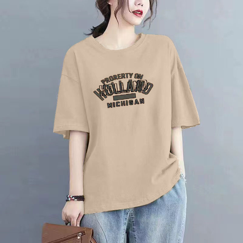 夏季新款100%纯棉短袖t恤女士洋气时尚大码百搭小众圆领宽松上衣详情27