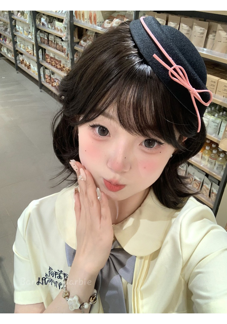 韩系可爱黑色丝绒蝴蝶结礼帽甜美少女jk圆顶贝雷帽女水手海军帽子详情7