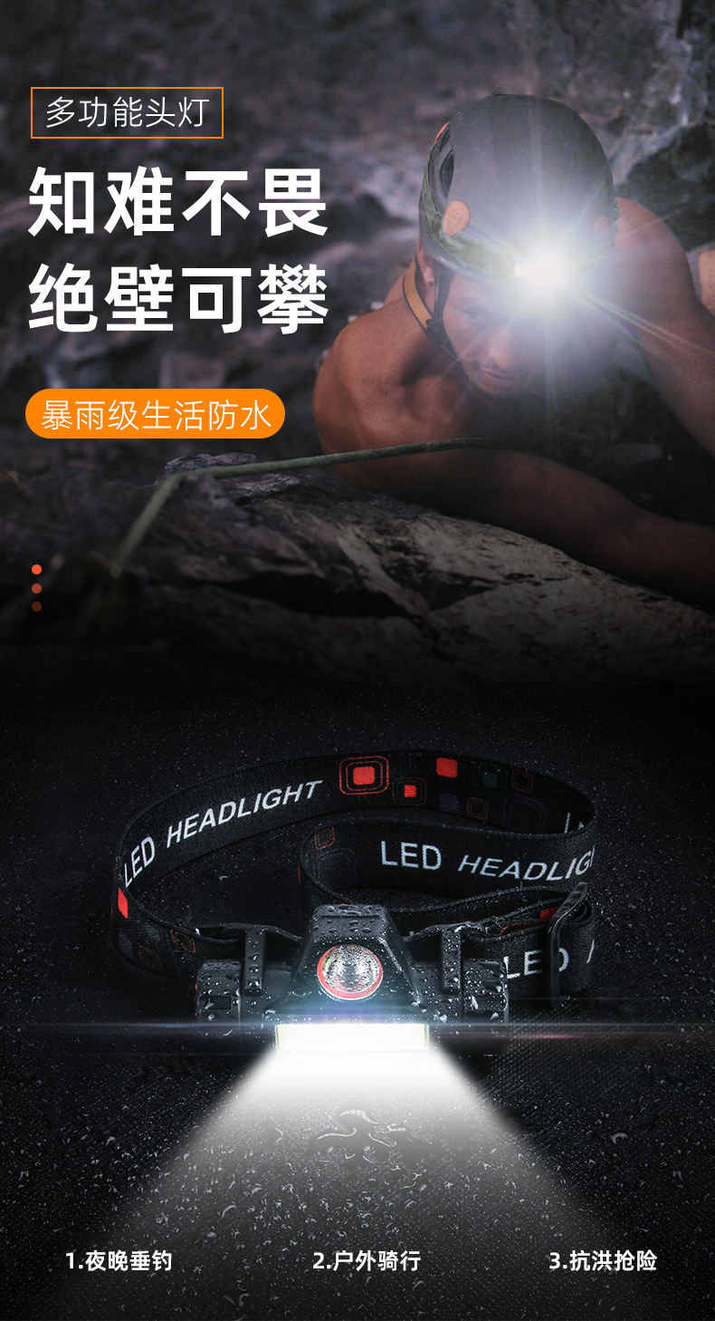 led强光头灯迷你充电小防水散光cob头灯 户外夜钓鱼灯多功能头灯详情9