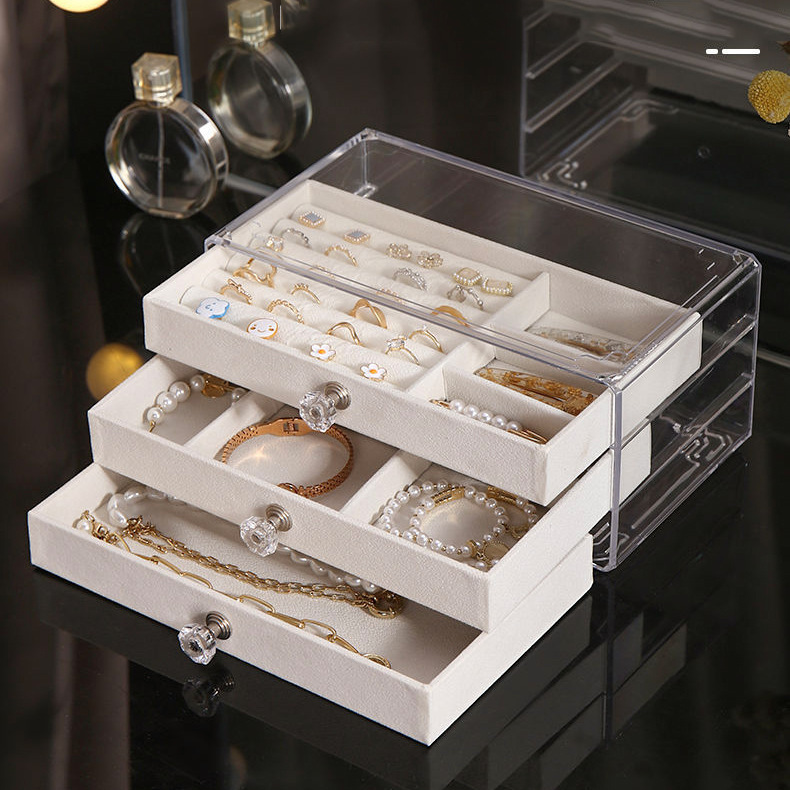 Three-layer jewelry storage box, transparent acrylic velvet checkered jewelry necklace, ring and bracelet storage and organization box pic 6