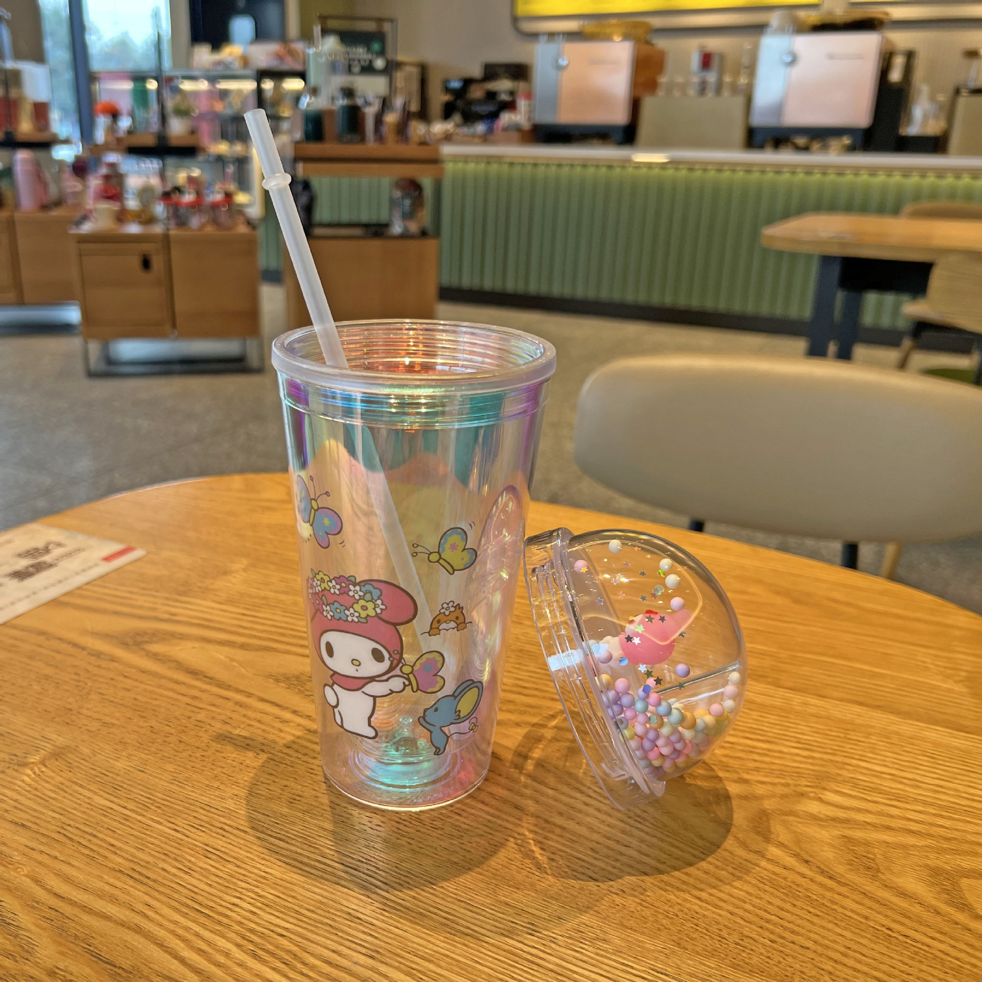 跨境新款三丽欧水杯批发双层观景塑料杯儿童卡通库洛米镭射吸管杯详情11