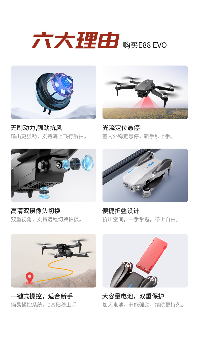 Cross-border E88 unmanned aerial vehicle, brushless motor, GPS, high-definition aerial photography, folding fuselage, optical flow, fixed height, obstacle avoidance, remote control aircraft pic 4