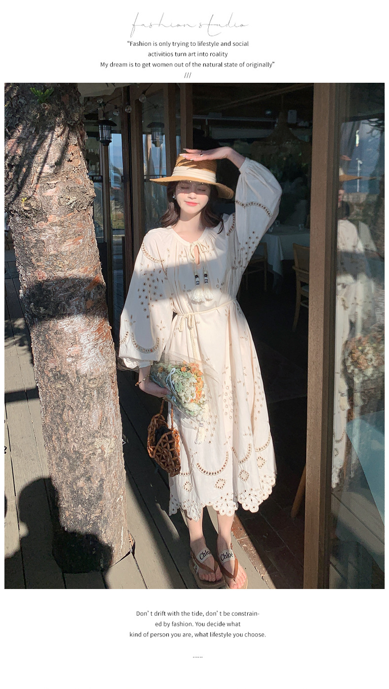Real photo of a retro, gentle, cut-out embroidered V-neck apricot-colored dress, 2025 new seaside vacation style long-sleeved umbrella dress pic 7