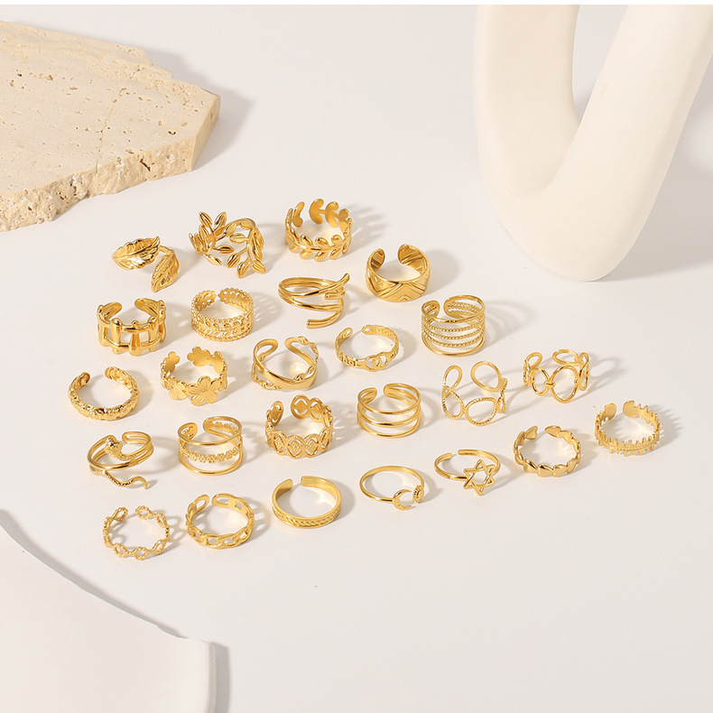 Cross-border simple ins style leaf geometric hollowed-out flower 18k gold-plated serpentine high-end multi-layer titanium steel ring for women pic 14