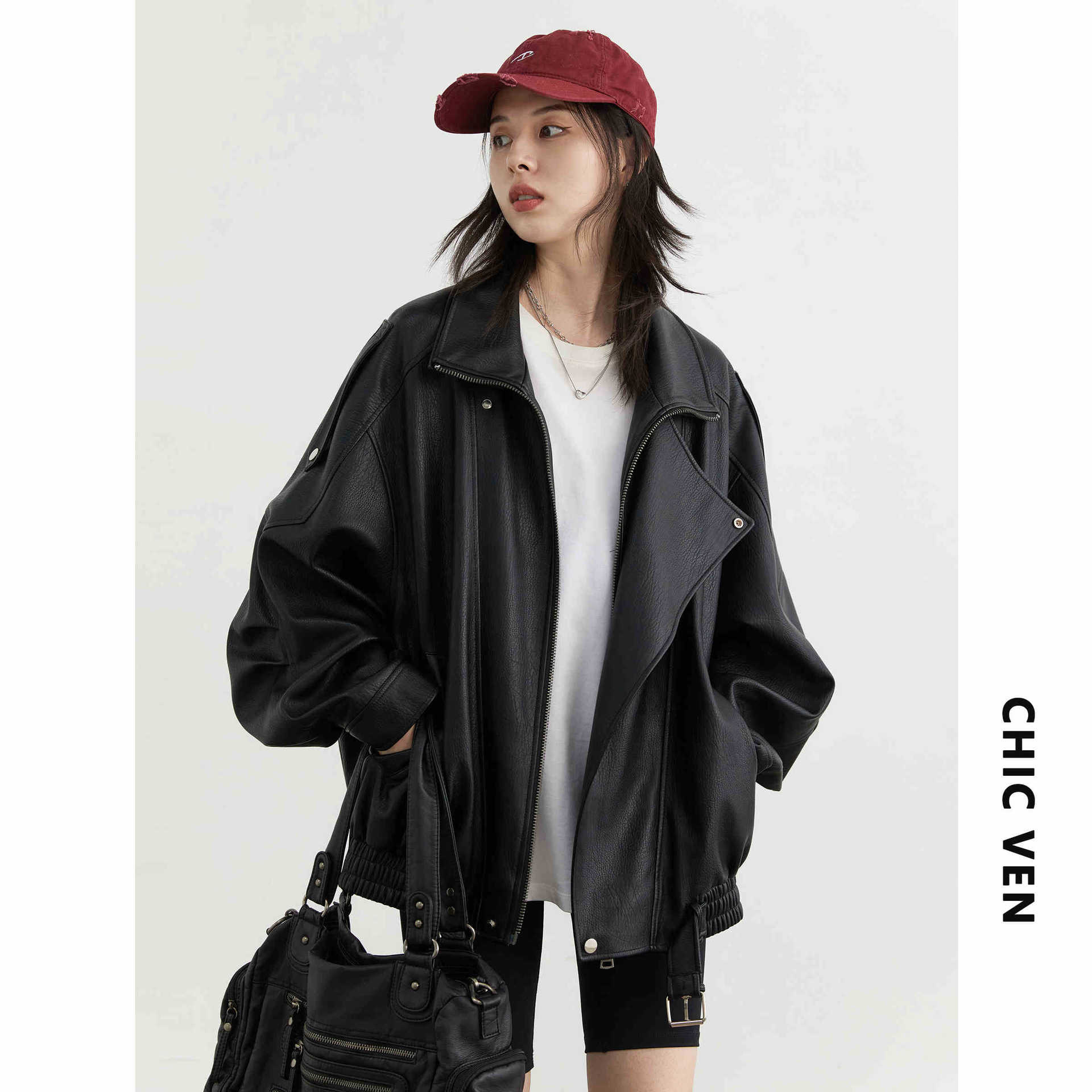 CHICVEN「漫游秋季」秋新款重工复古立领机车皮衣外套PU夹克上衣详情2
