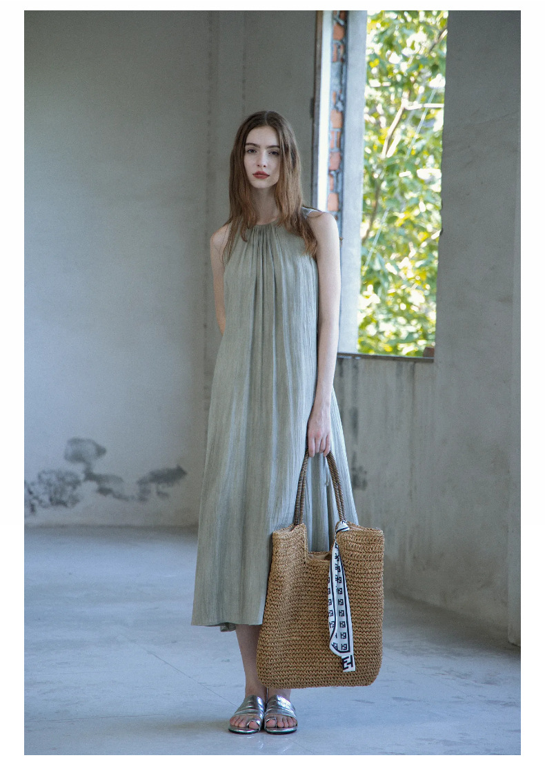 玖沐2025夏季新款亚麻无袖连衣裙女通勤宽松法式极简真口袋女装详情11