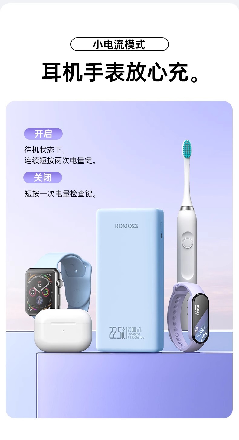 罗马仕充电宝快充带线20000毫安22.5W超级快充移动电源大容量印制详情10