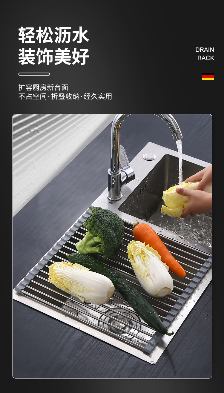 现货硅胶沥水架滤水架不锈钢折叠厨房置物架水槽碗筷架详情3