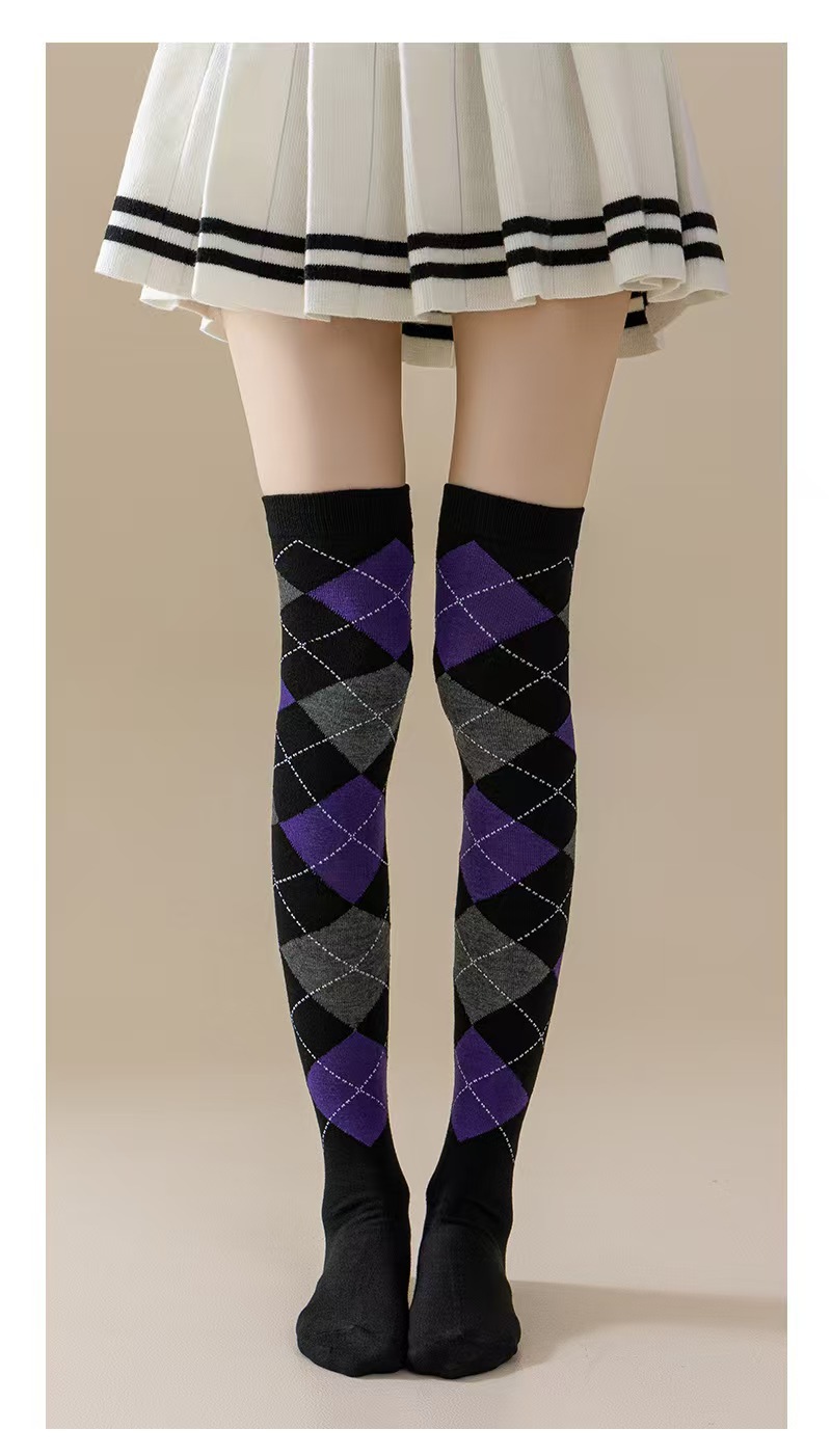 跨境过膝长筒袜欧美风格菱格长筒袜Cosplay派对女士英纶风过膝袜详情12