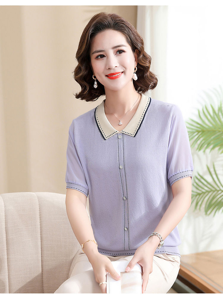 妈妈夏装短袖针织翻领T恤中老年女装冰丝上衣遮肚子薄款小衫套装详情15