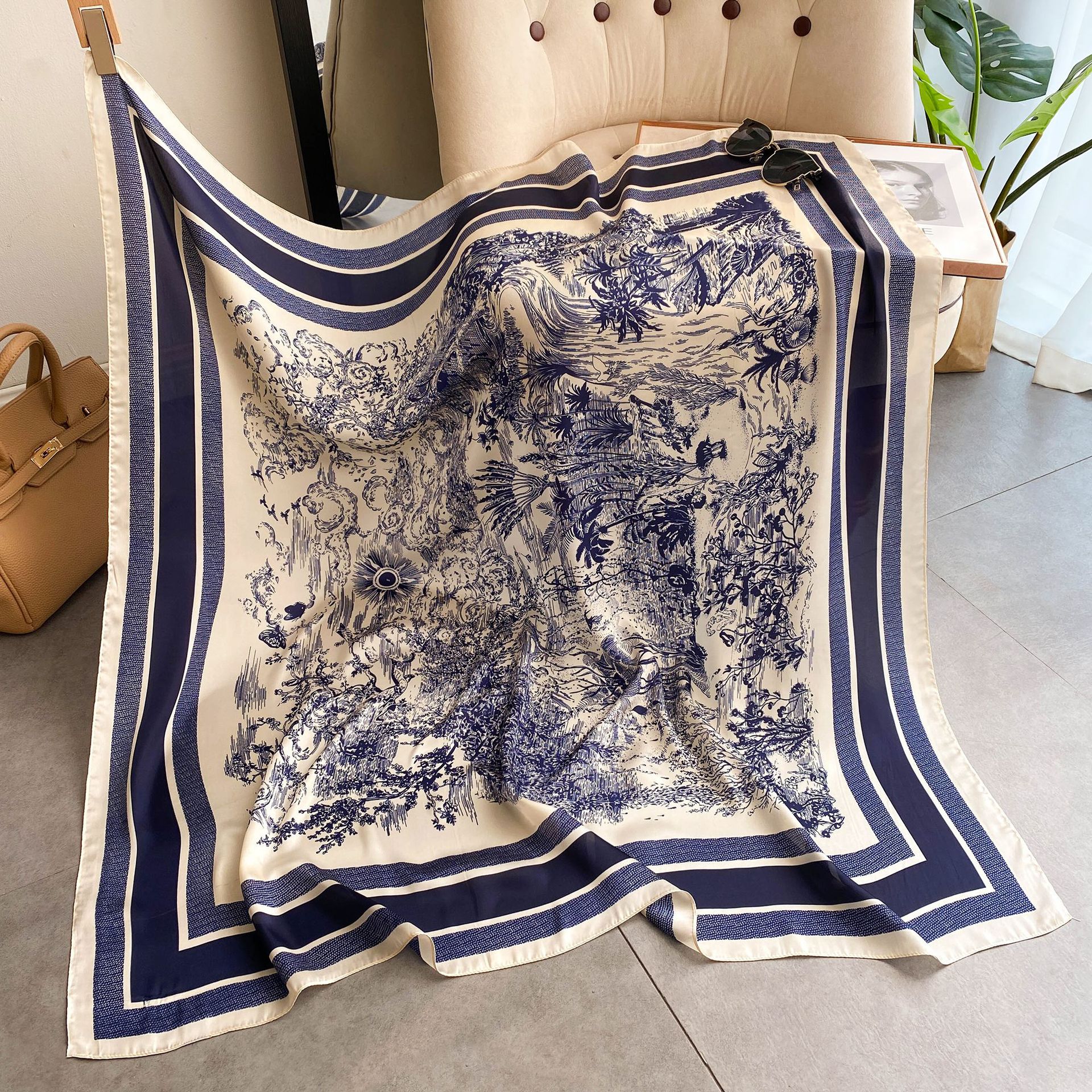 New faux silk scarf for women, 110cm plain weave large square scarf, versatile printed decorative sun protection shawl, summer wholesale pic 4