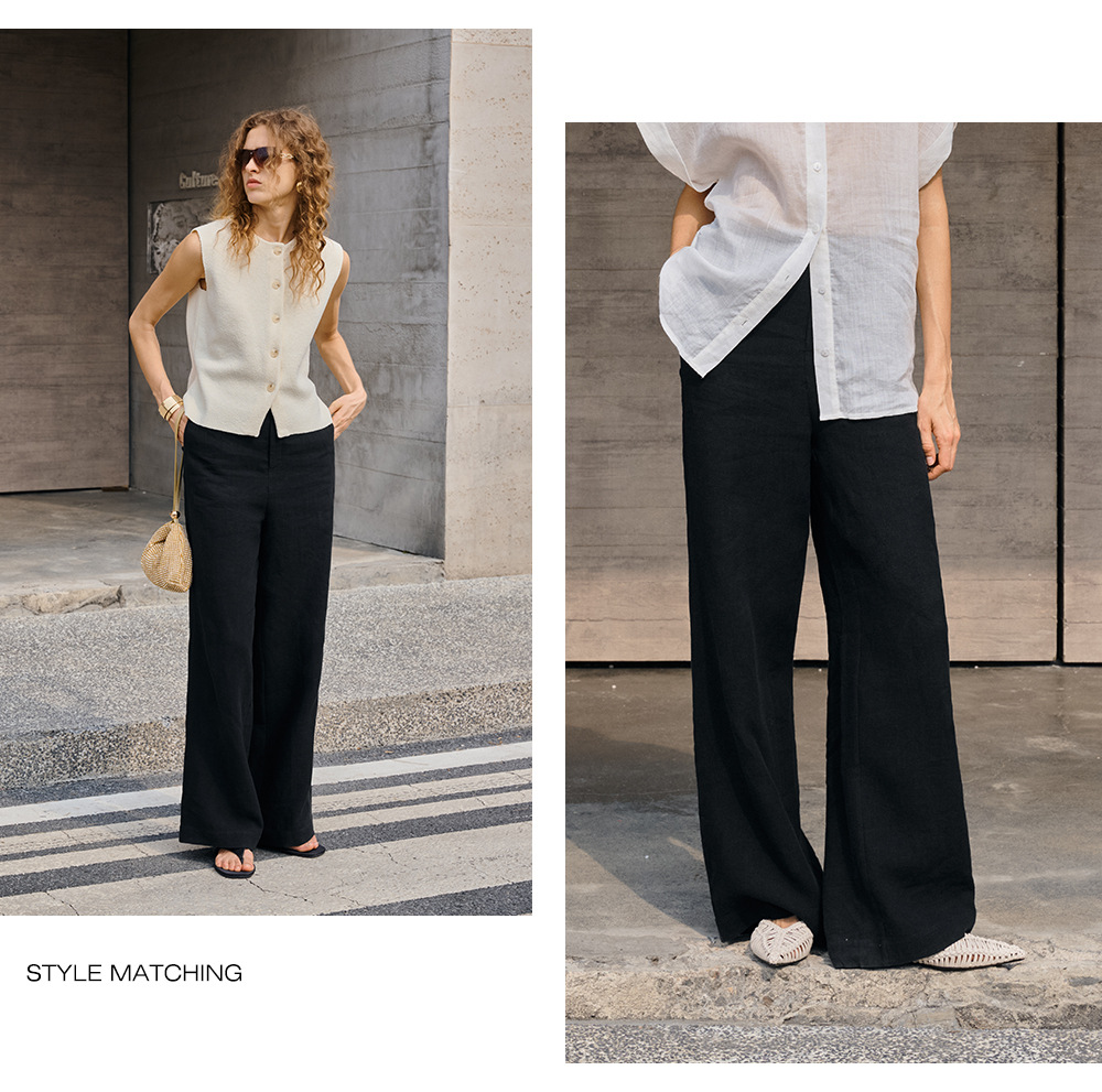 Linen loose straight-leg pants for commuting, long pants with a high-quality feel for old money, high-waisted fashionable linen casual pants for women in spring and summer pic 36