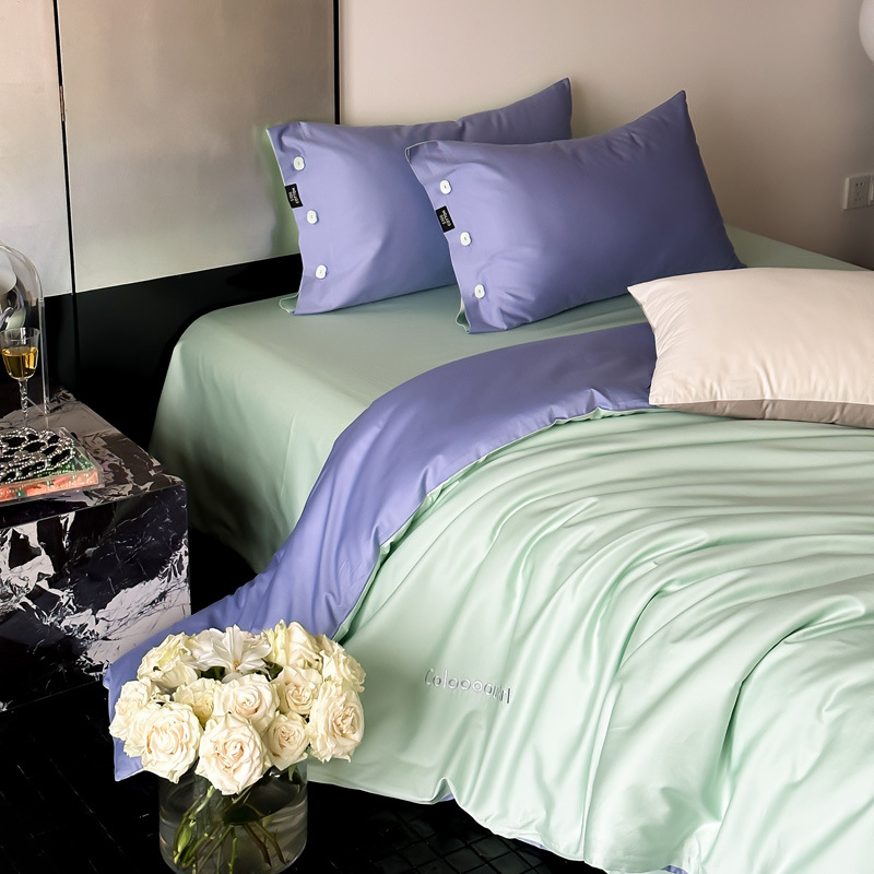 Simple, light luxury and fashionable solid-color long-staple cotton four-piece set, pure cotton letter-embroidered duvet cover, double bedding pic 98