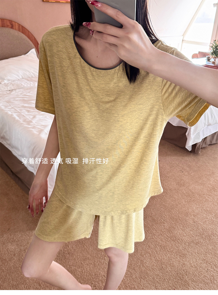 Summer pajama set with chest pad, short sleeves and shorts, pullover, two-piece home wear, thin and skin-friendly, can be worn outside with a pullover pic 19
