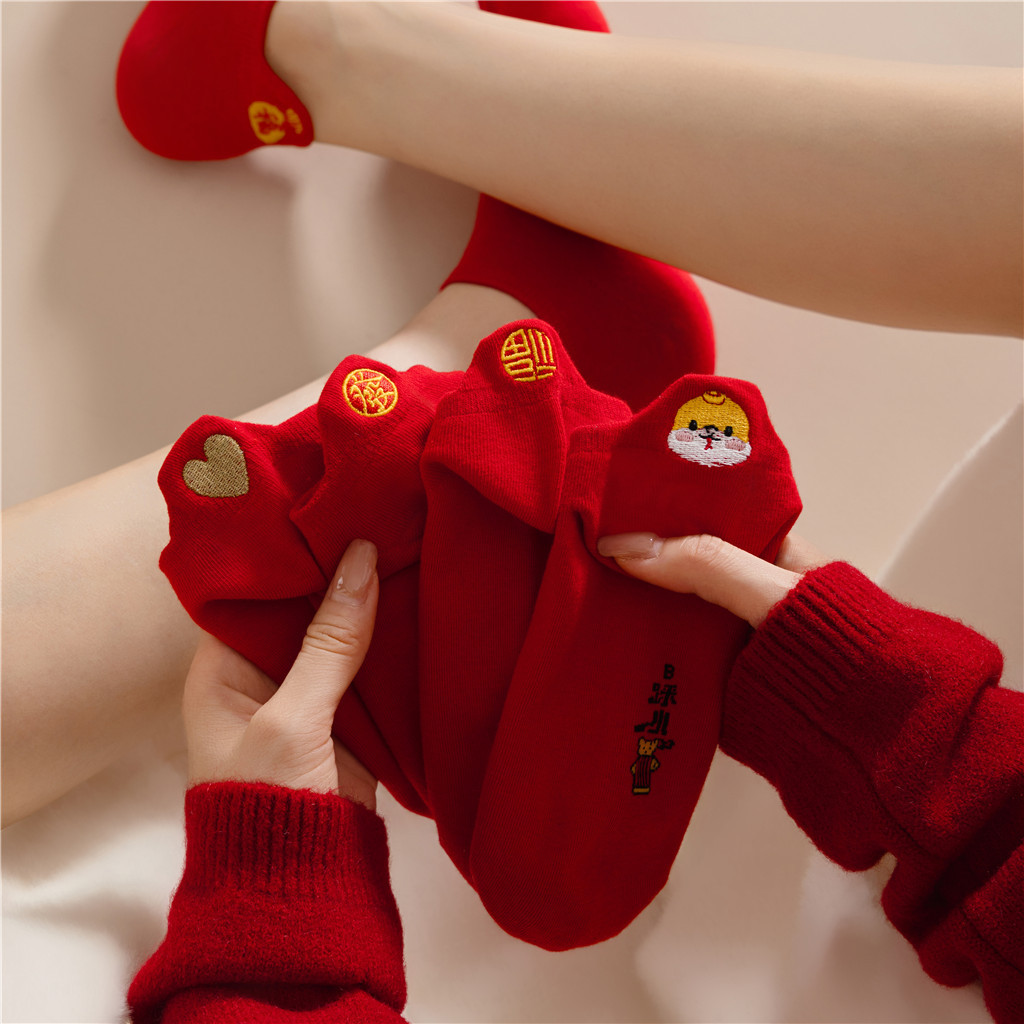 国潮国潮新款红色系新年船袜中国风提耳刺绣女棉袜喜庆旺运新年本命年袜子详情3
