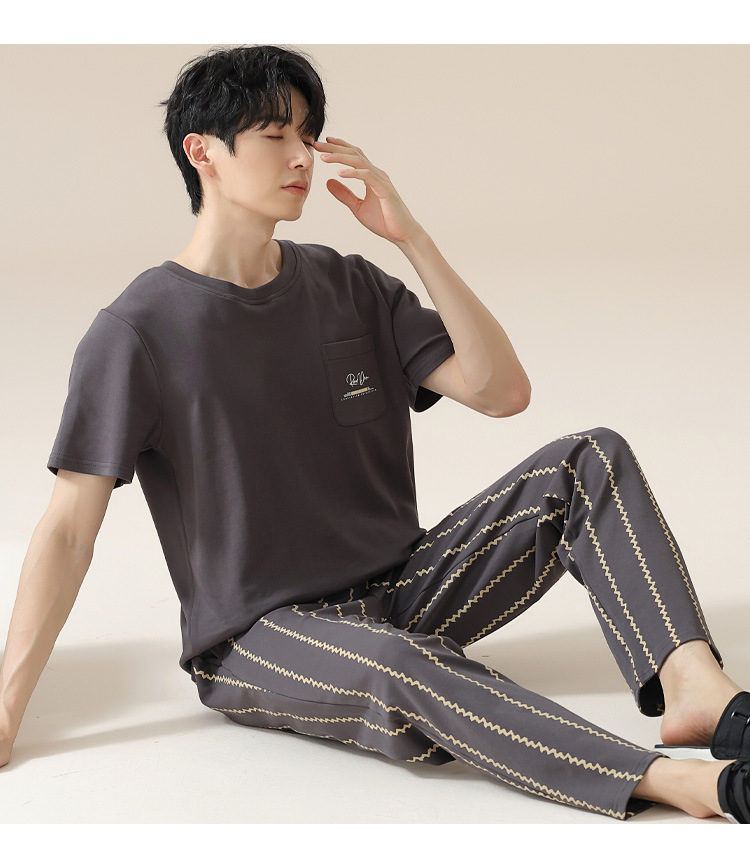 Summer pure cotton pajamas for men, cartoon casual short-sleeved shirts and long pants, pure cotton comfortable home wear, summer youth student set pic 172