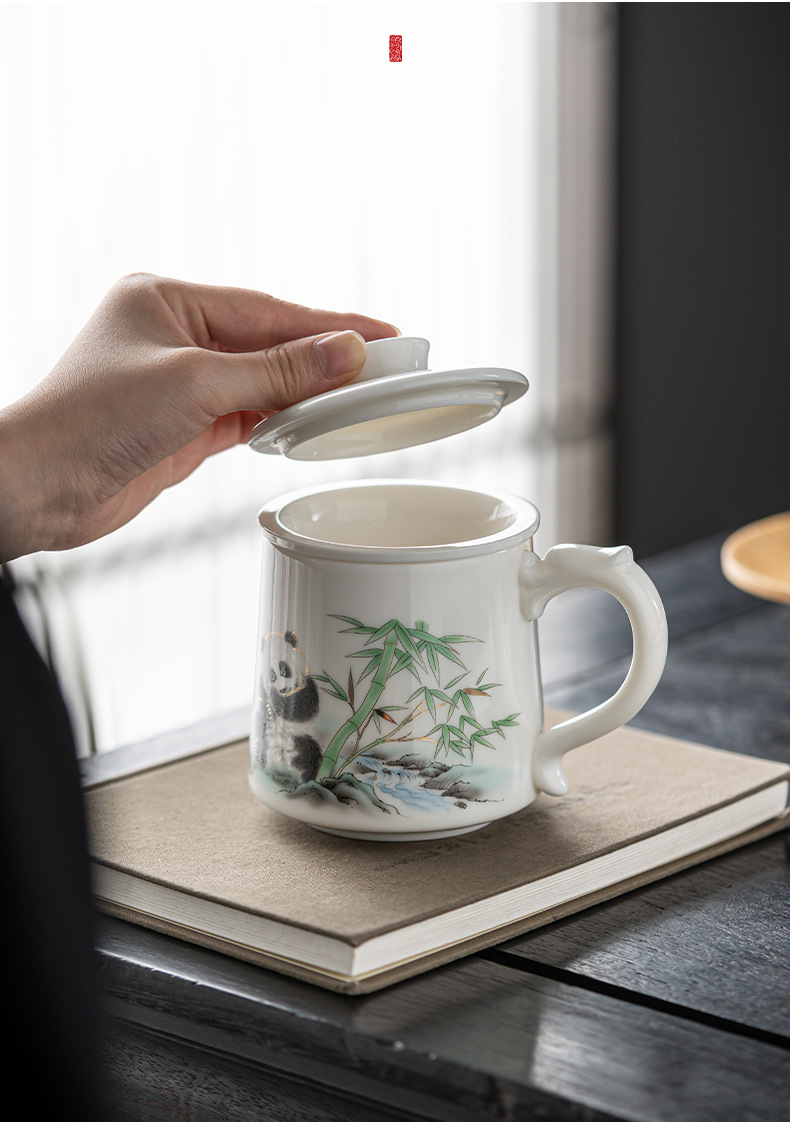 羊脂玉办公杯书房茶杯茶水分离白瓷马克杯水杯大容量陶瓷杯子过滤详情20