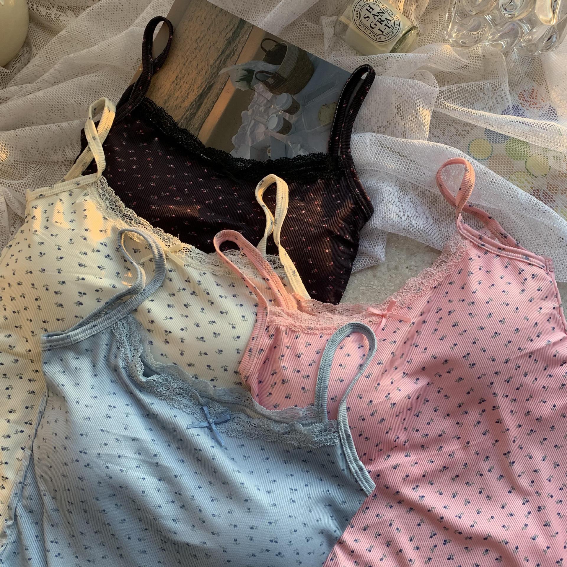 甜辣妹蓝色蕾丝边吊带小背心女夏季bm碎花内搭打底短款带胸垫上衣详情5