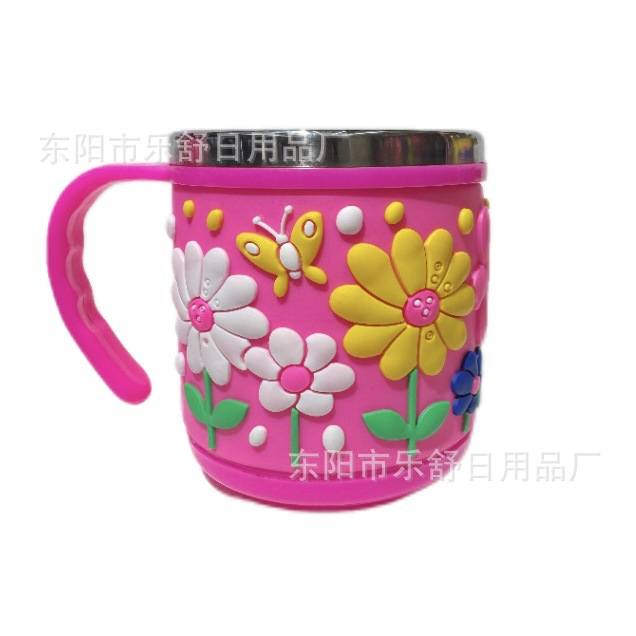 不锈钢儿童水杯卡通创意杯子带盖带手柄双层隔热pvc软胶不锈钢杯详情9