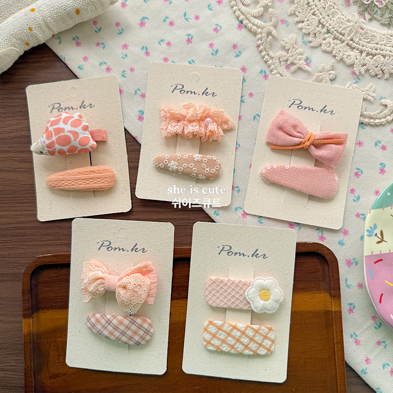 新款韩版布艺蝴蝶结发夹橘色鸡蛋花格纹少女百搭甜美侧边夹刘海夹详情3