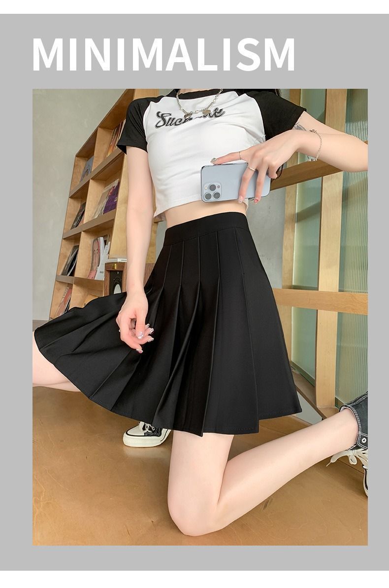 夏季带口袋百褶裙小个子松紧高腰弹力短裙女胖mm大码显瘦半身裙黑详情14