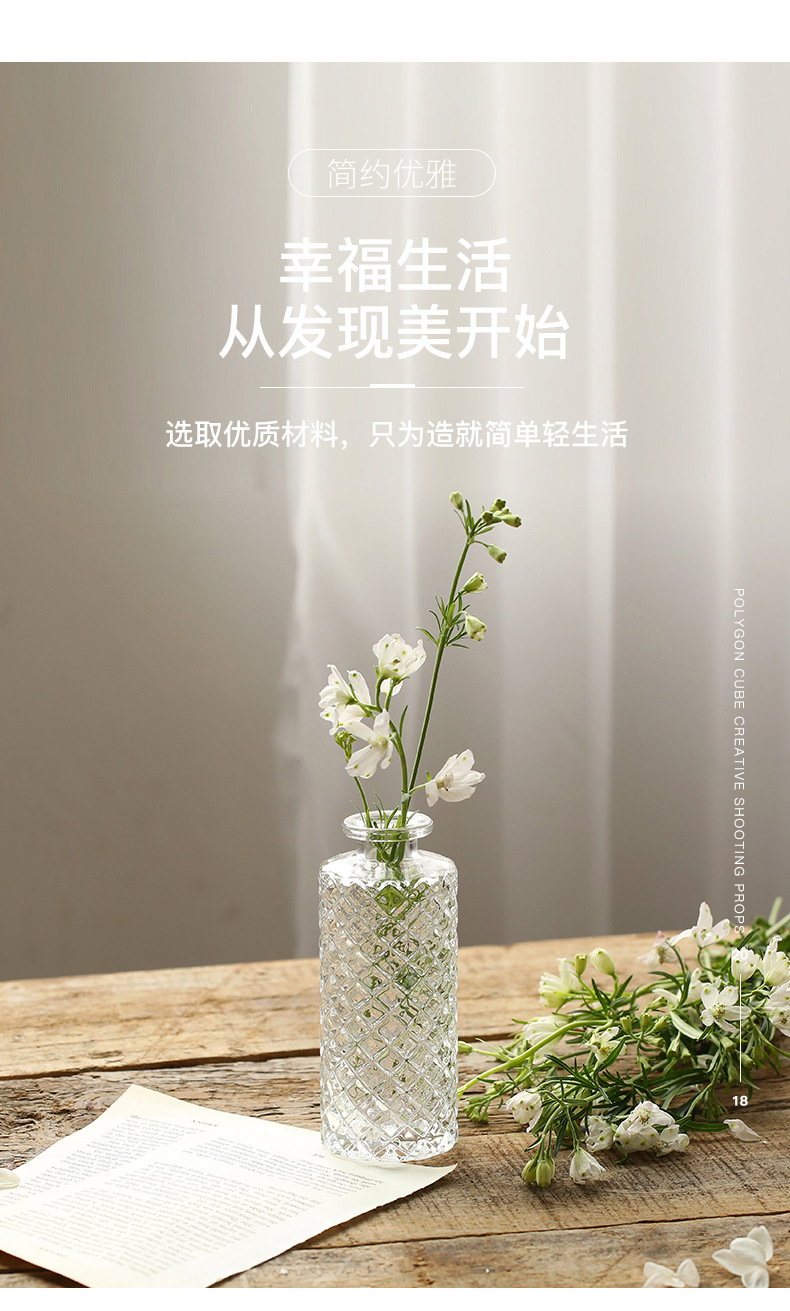 Retro light luxury embossed transparent French glass small vase, ins style home decoration, pocket-sized living room flower arrangement vase pic 11