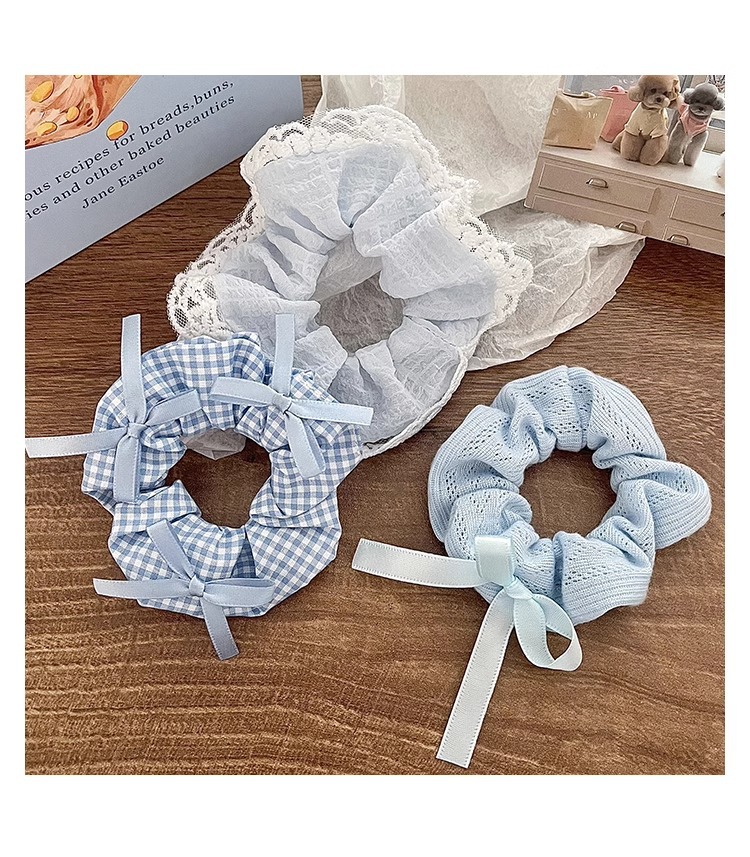 蓝色小清新蝴蝶结大肠发圈女蕾丝花边扎高马尾发绳高颜值皮筋头绳详情19