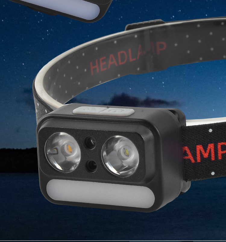 Cross-border smart sensor headlamp, strong light charging, portable yellow, white and red three light sources, long battery life, night fishing light, night running light pic 2