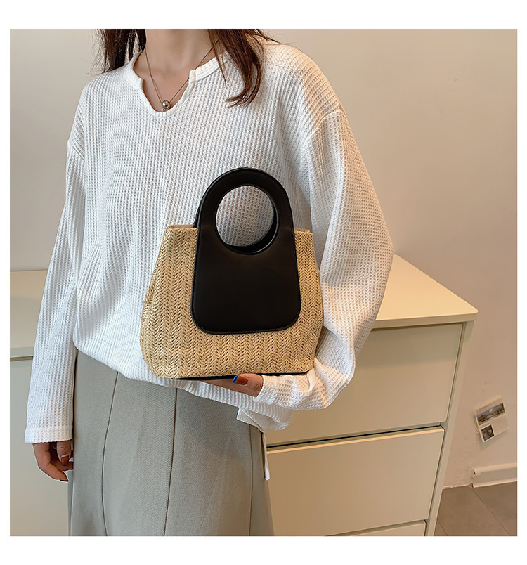 2023夏季复古撞色拼接草编包大容量手工编织包简约时尚单肩手提包详情14