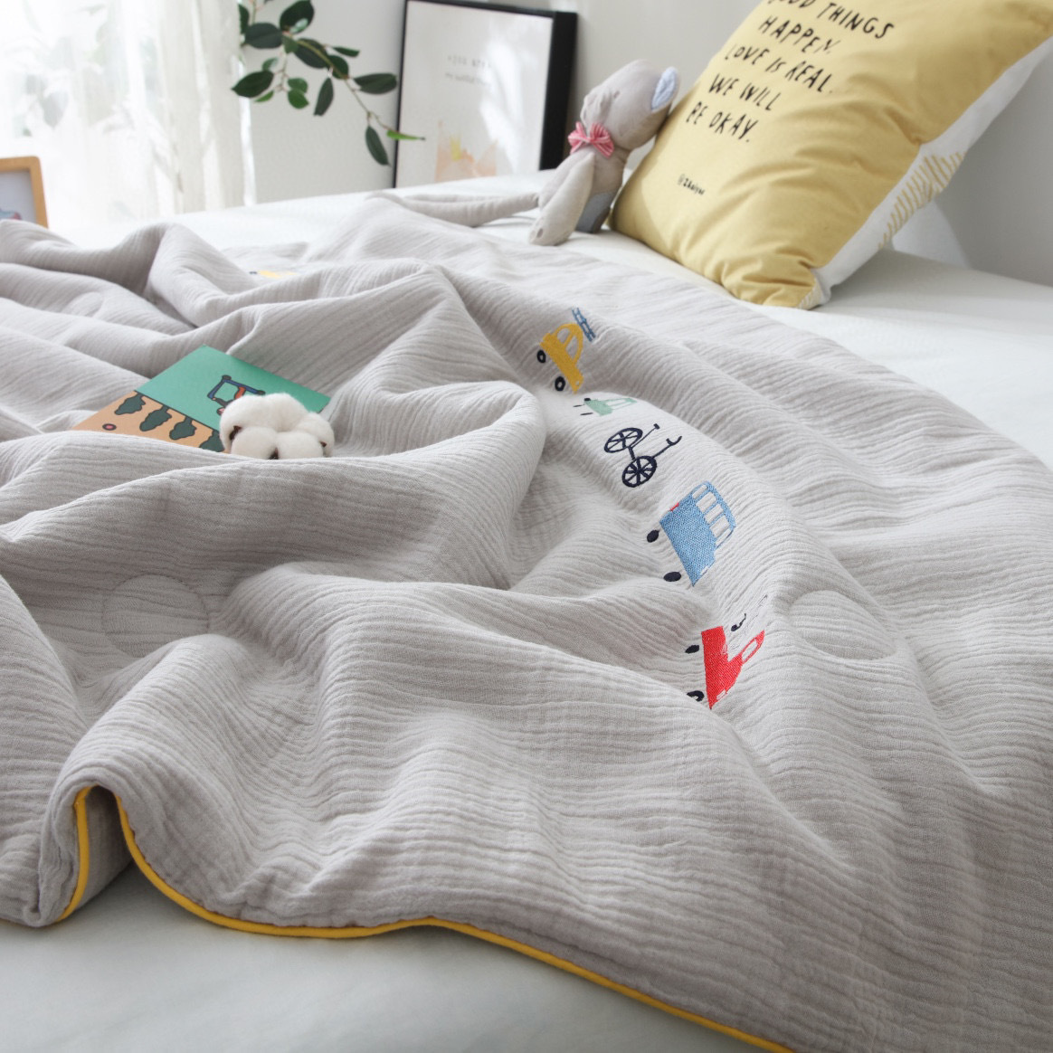 Summer pure cotton double-layer gauze air-conditioned quilt for newborns, washed and embroidered baby summer quilt pic 5