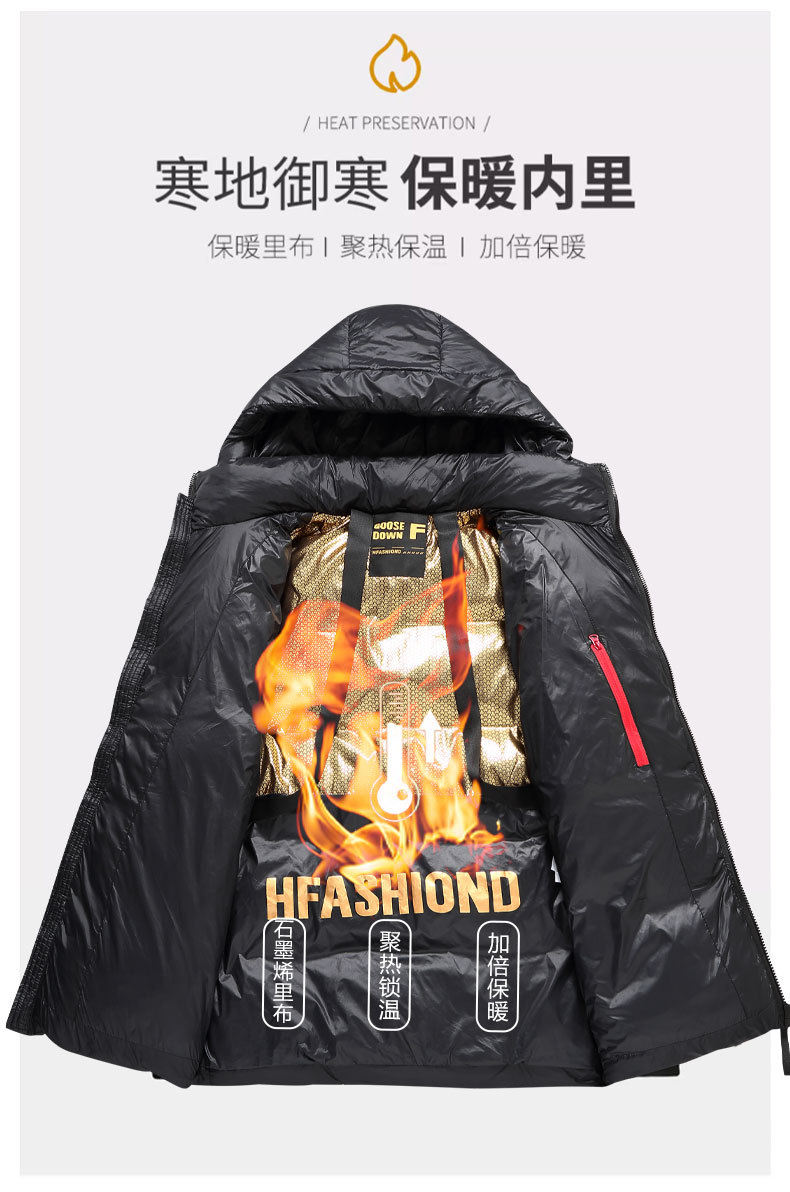 黑金鹅绒羽绒服短款加厚男款保暖防寒冬季白鸭绒服男新款连帽外套详情9