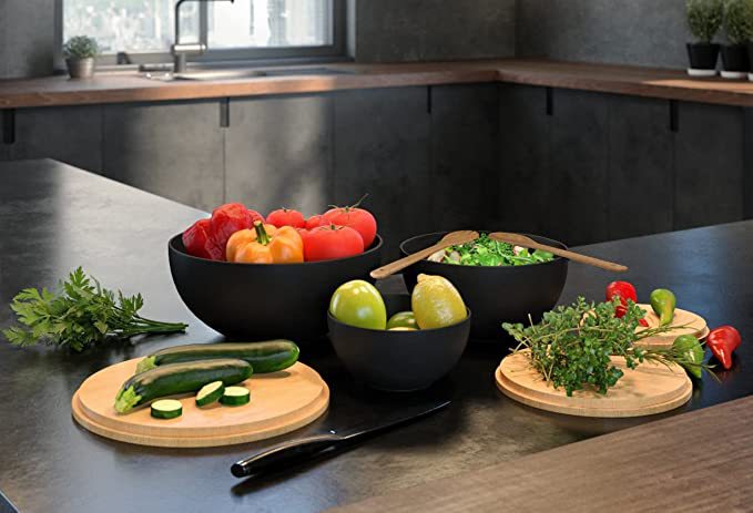 Three sets of bamboo fiber salad bowls, large, medium and small, with bamboo LIDS for fruit and vegetable salad snacks pic 15