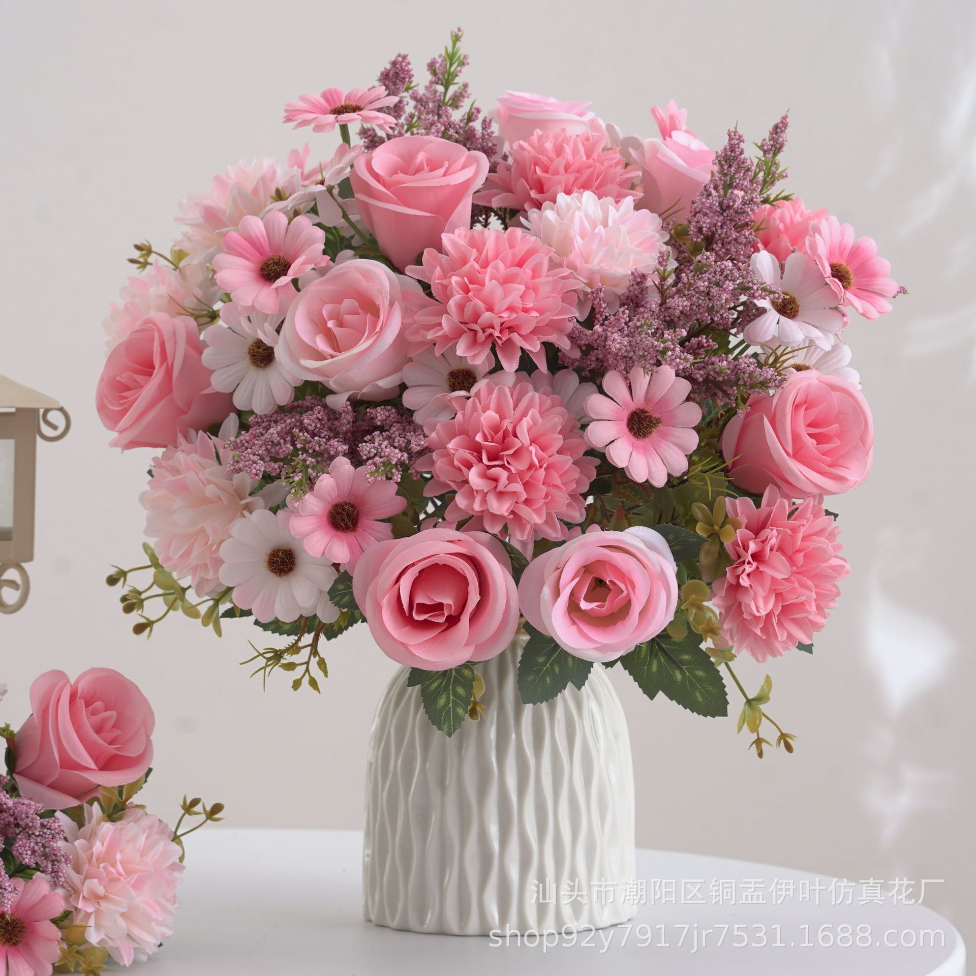 欧式仿真花假花7叉秋色玫瑰球菊手捧花绢花家居婚礼装饰花小把束详情4