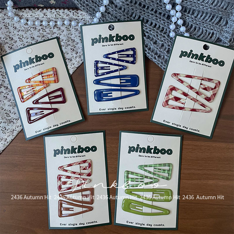 New Korean-style autumn checkered geometric hair clips, handcrafted for children, side cliffside bangs clips, two-piece bye-bye clips for girls, pinkboo multi-color checkered hair clips, simple and fashionable, exquisite daily headwear for girls pic 4