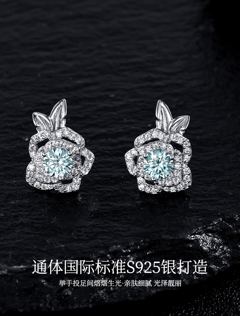 Zhuoheng Select S925 pure silver original Design Rose Double Leaf Full Diamond Mosang earrings with a light luxury and high-end feel pic 5