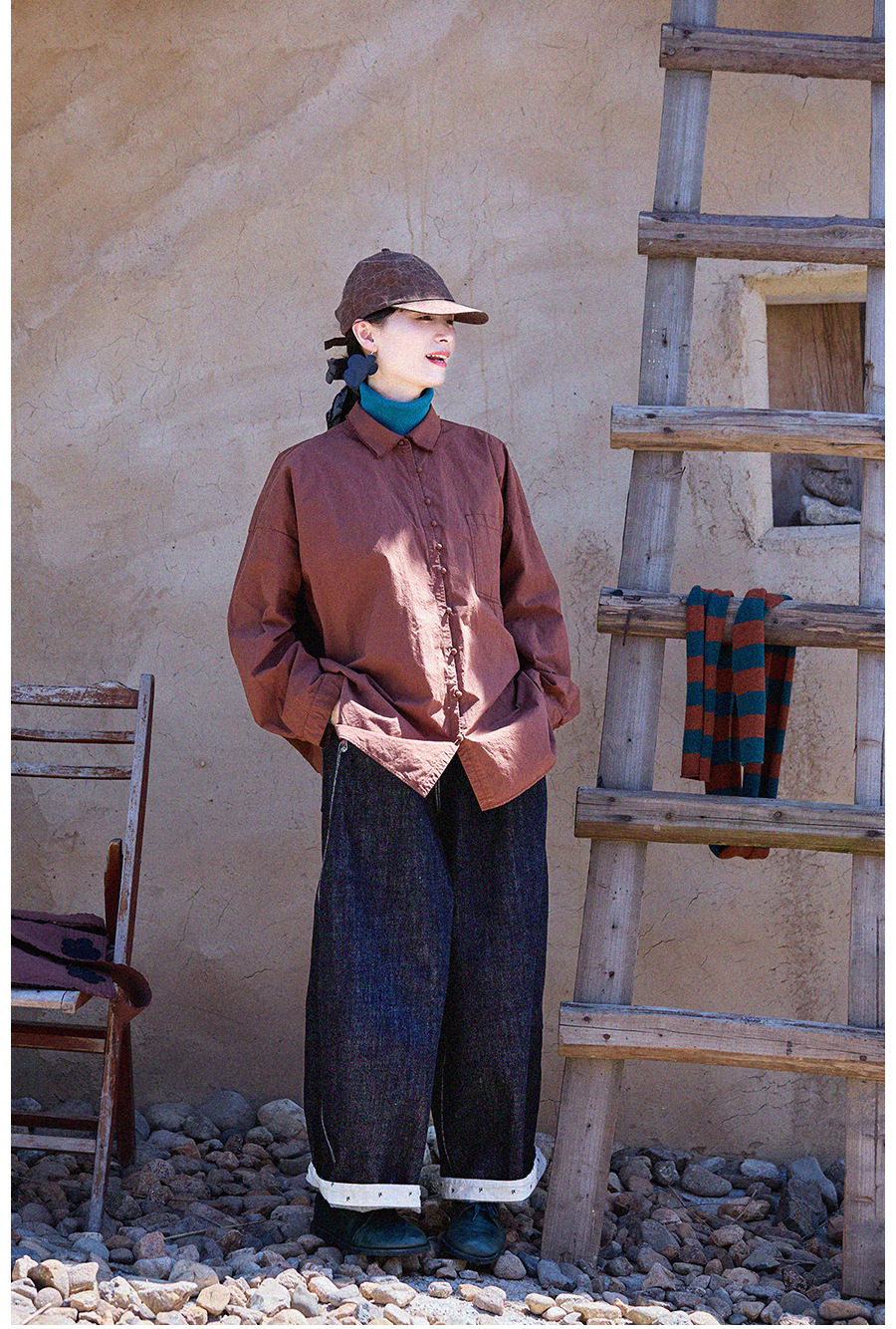 New autumn and winter style, artistic and retro original hazelnut red-brown cotton casual top, high-density, slightly elastic loose shirt for women pic 42