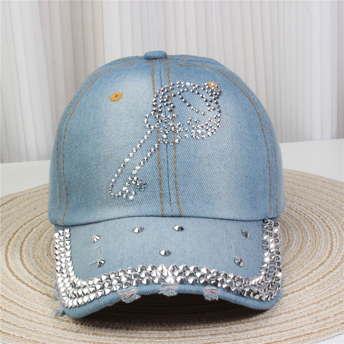 2024新款女士水钻镶钻牛仔布时尚洋气鸭舌帽休闲显脸小成人棒球帽详情33