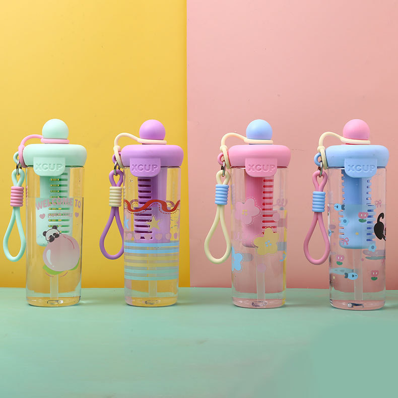 2024 New cartoon large-capacity straw cup, tea-water separation brewing cup, outdoor sports plastic water cup with handle rope pic 1