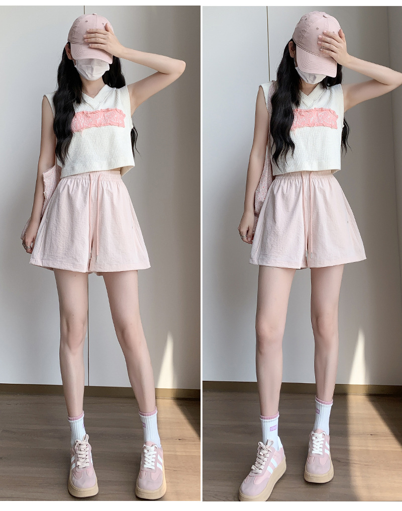 诗之韵速干不易皱刺绣短裤女高腰休闲运动阔腿百搭时尚马卡龙短裤详情20