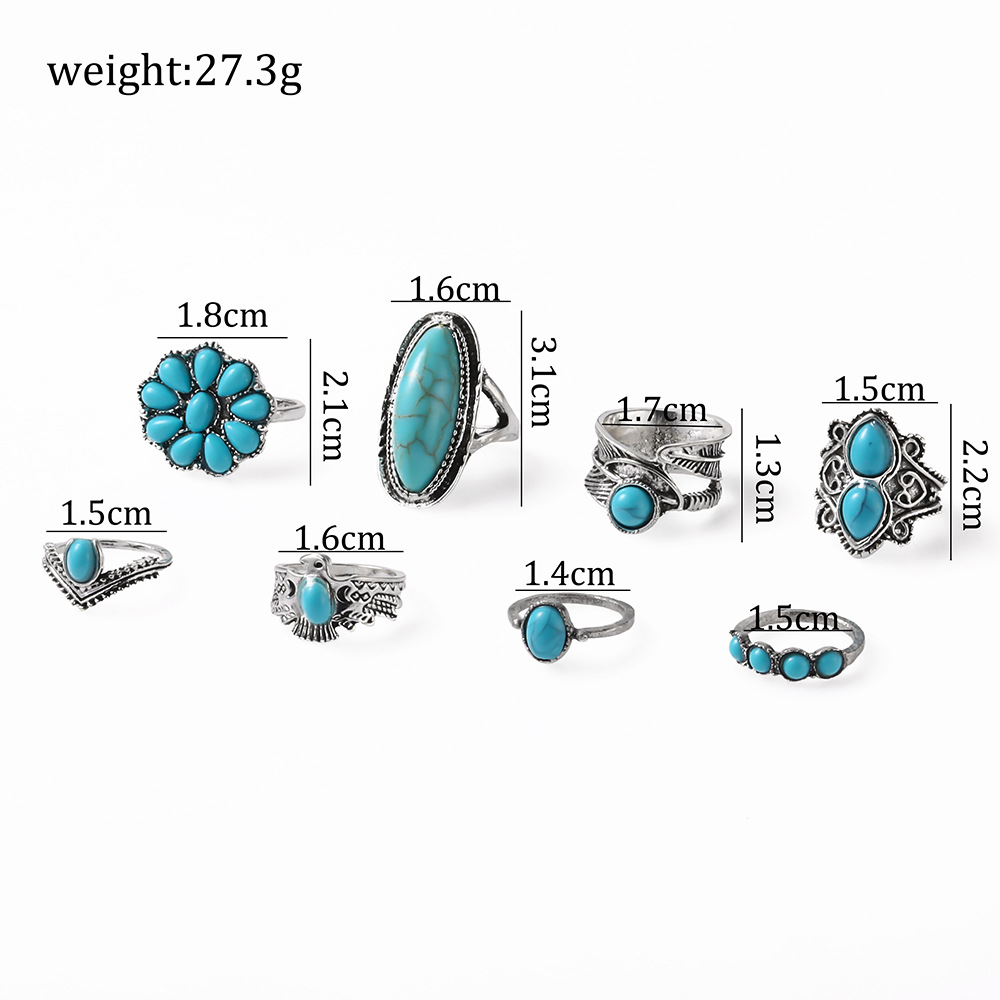 民族风复古镶绿松石雕花羽毛戒指 时尚个性8件套组合戒指套装详情33